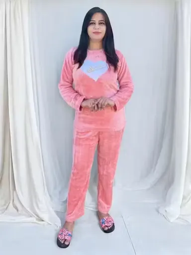 Women Winter Woolen Night Suit | Warm Cozy Pajama Set | Printed | Size M