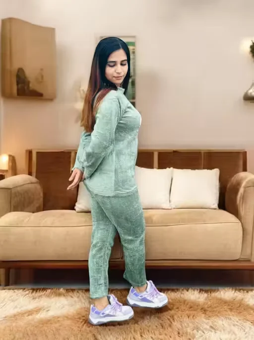Winter Woolen Pajama Set for Women | Soft Nightwear | Light green| Size M image 2