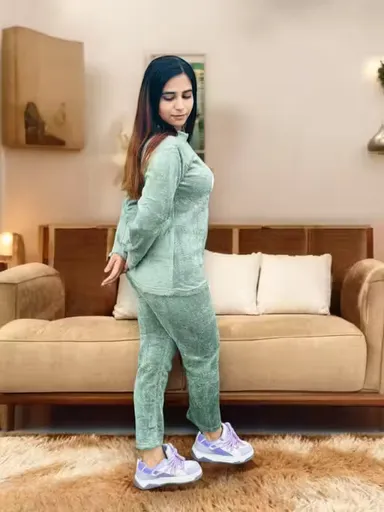Winter Woolen Pajama Set for Women | Soft Nightwear | Light green| Size M thumbnail 1