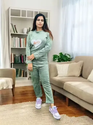 Women Winter Glacier Nightsuit Set | Woolen Pajama Top & Bottom for Ladies | Light Green | Warm Cozy Winter Nightwear | Size XL