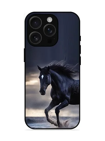 Leeon iPhone 16 Pro Metal Back Printed Black Horse Case | 360° Protection | Soft TPU Edges | HD Print Full Cover image 1