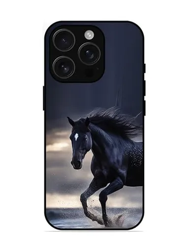 Leeon iPhone 16 Pro Metal Back Printed Black Horse Case | 360° Protection | Soft TPU Edges | HD Print Full Cover thumbnail 0