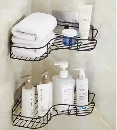 2‑Pc Self‑Adhesive Flower Metal Bathroom Corner Rack | Rust‑Proof Powder | Coated Steel Shelf Set | No‑Drill Hooks Organizer