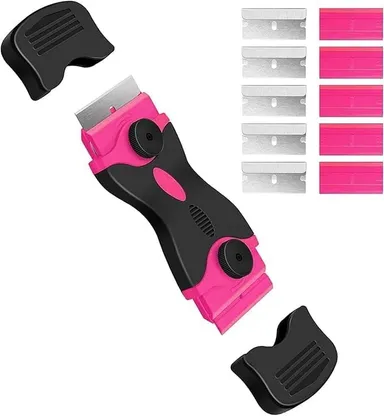 Vrutwa Razor Blade Scraper | Double Edged Scraping Tool | 10 Pcs Razor Blades | Paint Glass Decals Stickers Labels Caulk & Adhesive | Pink
