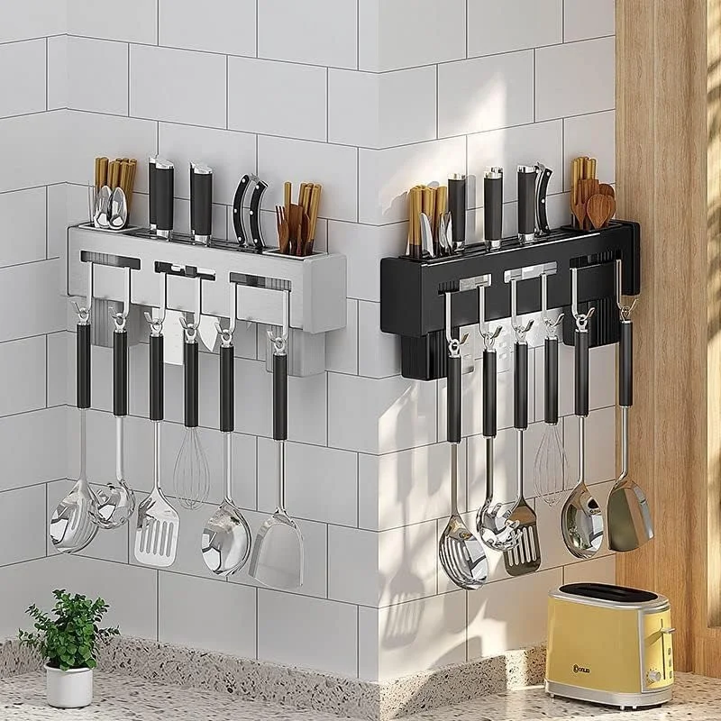 Vrutwa Kitchen Shelf Wall Mount Knife Holder | Towel Hanger | Spatula Ladle Hooks | Cutlery Storage Rack | High Grade Metal | Multi-Purpose image 6