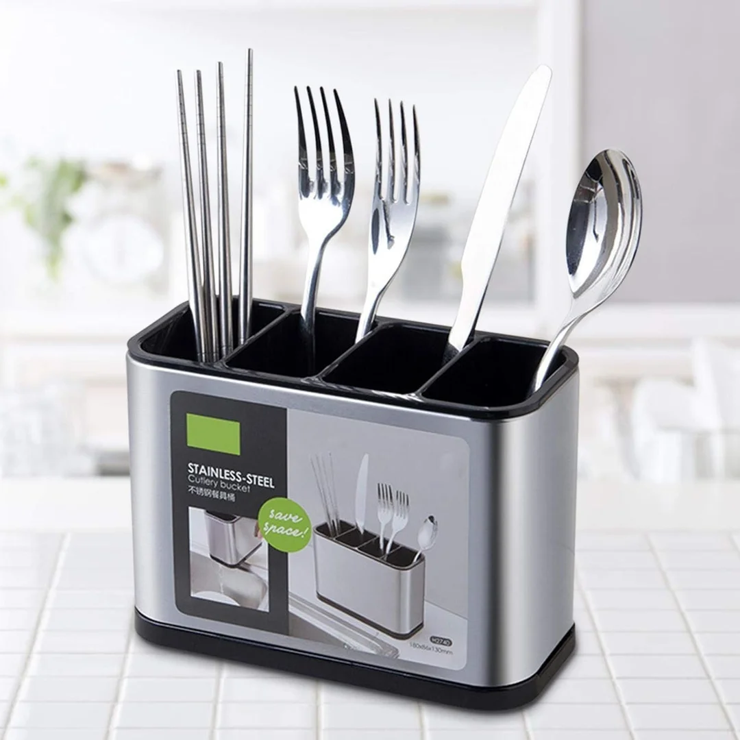 Vrutwa Kitchen Cutlery Holder | Stainless Steel 4 Compartments | Kitchen Utensil Drainer | Durable & Easy to Clean | Modern Kitchen Storage for Sinks image 2