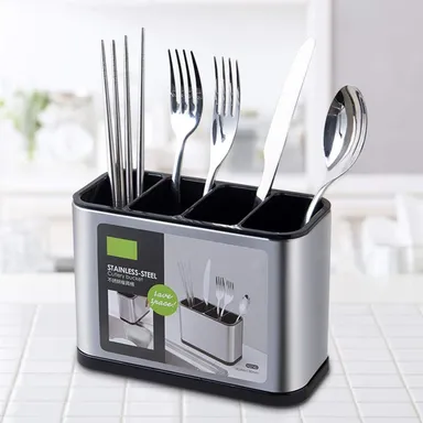 Vrutwa Kitchen Cutlery Holder | Stainless Steel 4 Compartments | Kitchen Utensil Drainer | Durable & Easy to Clean | Modern Kitchen Storage for Sinks thumbnail 1