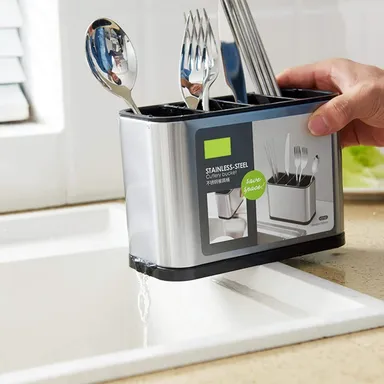 Vrutwa Kitchen Cutlery Holder | Stainless Steel 4 Compartments | Kitchen Utensil Drainer | Durable & Easy to Clean | Modern Kitchen Storage for Sinks thumbnail 3
