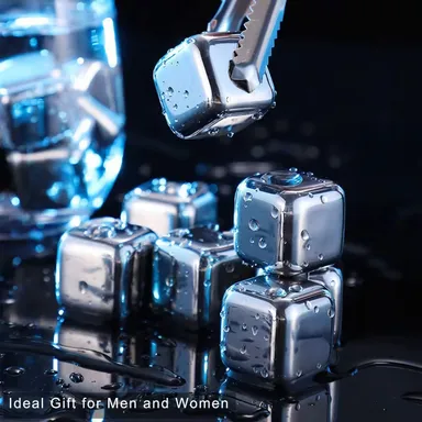 Vrutwa Whiskey Stones Set | 4 Pcs Stainless Steel Reusable Ice Cubes | Metal Chill Cubes with Tongs & Tray | Premium Bar Accessories for Whiskey, Vodka thumbnail 3