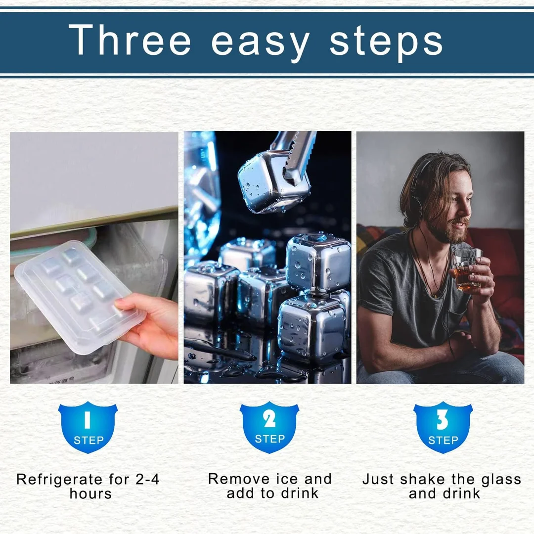 Vrutwa Whiskey Stones Set | 4 Pcs Stainless Steel Reusable Ice Cubes | Metal Chill Cubes with Tongs & Tray | Premium Bar Accessories for Whiskey, Vodka image 7