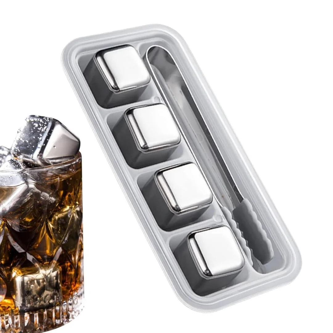 Vrutwa Whiskey Stones Set | 4 Pcs Stainless Steel Reusable Ice Cubes | Metal Chill Cubes with Tongs & Tray | Premium Bar Accessories for Whiskey, Vodka image 1