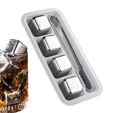 Vrutwa Whiskey Stones Set | 4 Pcs Stainless Steel Reusable Ice Cubes | Metal Chill Cubes with Tongs & Tray | Premium Bar Accessories for Whiskey, Vodka
