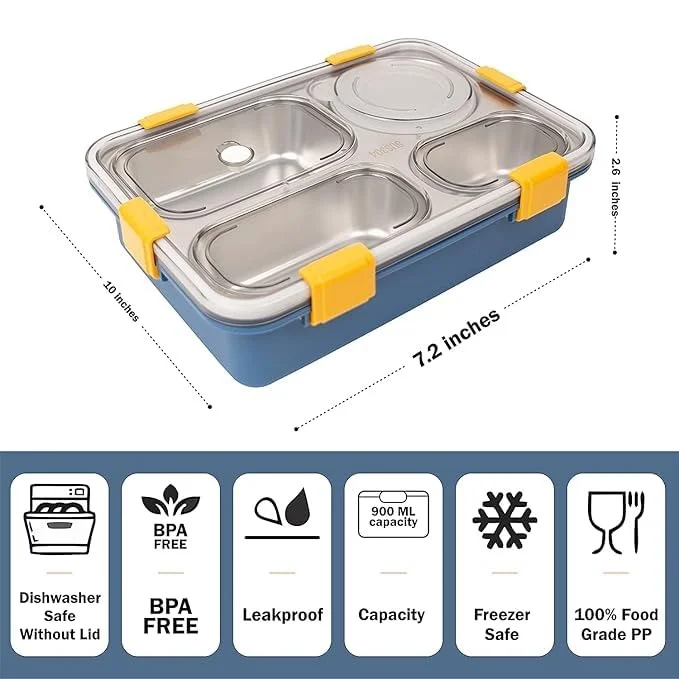 Vrutwa Lunch Boxes for Adults & Kids | 4-Compartment Stainless Steel Box with Spoon & Fork | BPA-Free, Durable, Perfect On-The-Go Meal Organizer image 6