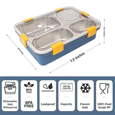 Vrutwa Lunch Boxes for Adults & Kids | 4-Compartment Stainless Steel Box with Spoon & Fork | BPA-Free, Durable, Perfect On-The-Go Meal Organizer thumbnail 5