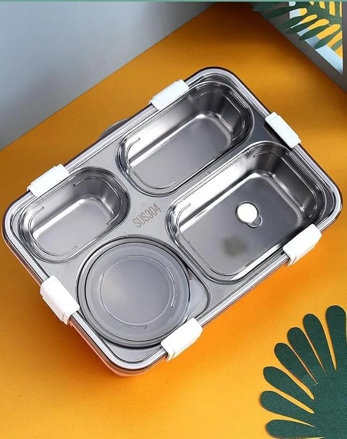 Vrutwa Lunch Boxes for Adults & Kids | 4-Compartment Stainless Steel Box with Spoon & Fork | BPA-Free, Durable, Perfect On-The-Go Meal Organizer image 2