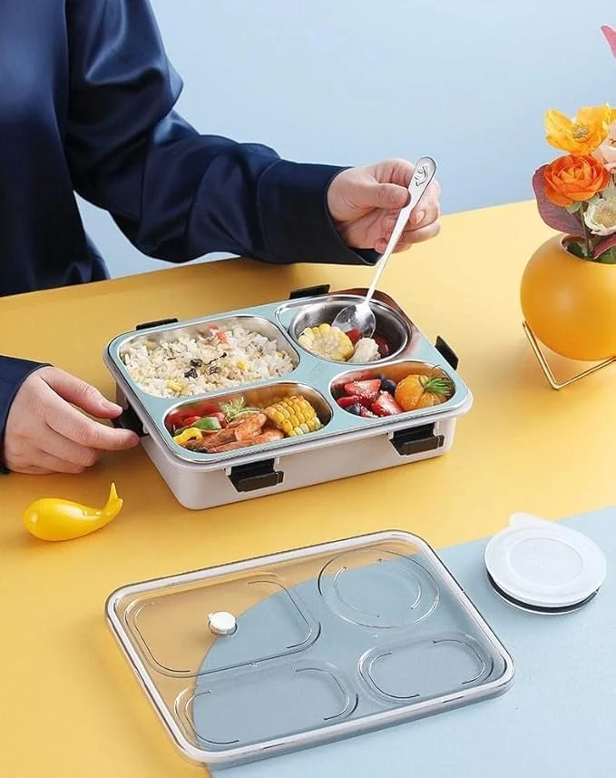 Vrutwa Lunch Boxes for Adults & Kids | 4-Compartment Stainless Steel Box with Spoon & Fork | BPA-Free, Durable, Perfect On-The-Go Meal Organizer image 3