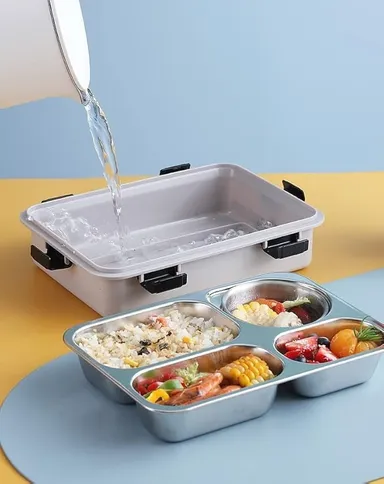 Vrutwa Lunch Boxes for Adults & Kids | 4-Compartment Stainless Steel Box with Spoon & Fork | BPA-Free, Durable, Perfect On-The-Go Meal Organizer thumbnail 3