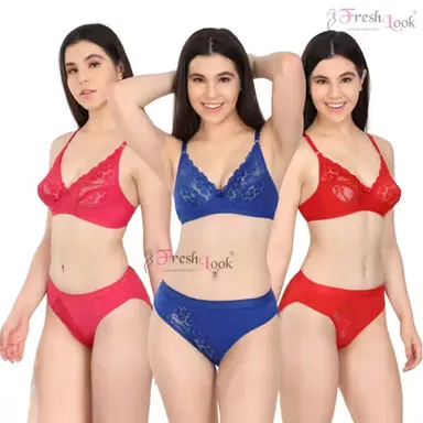Fresh Look Bridal Lingerie Set | Lace & Hosiery 3-Pack| Non-Padded, 3/4 Coverage, Regular Women Bra Panty Set | Blue, Rani & Red