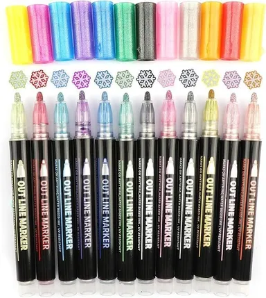 Vrutwa 12Pcs Metallic Markers | Double Line Pens for Journaling, Sketching, Coloring | Art Supplies for Kids, Amateurs & Professionals thumbnail 0