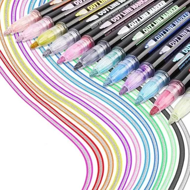 Vrutwa 12Pcs Metallic Markers | Double Line Pens for Journaling, Sketching, Coloring | Art Supplies for Kids, Amateurs & Professionals thumbnail 1