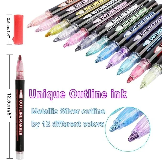 Vrutwa 12Pcs Metallic Markers | Double Line Pens for Journaling, Sketching, Coloring | Art Supplies for Kids, Amateurs & Professionals image 4