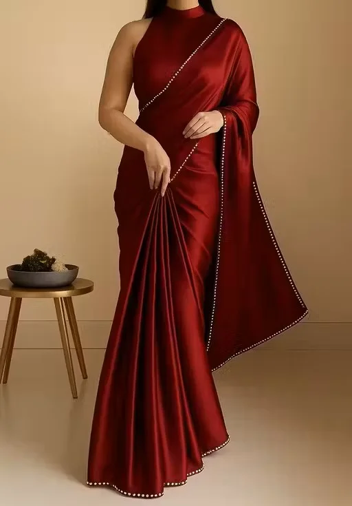 Women's Satin Silk Saree with Pearl Border | Designer Saree with Blouse | Party Wear Saree | Office Wear Saree | Festive Ethnic Saree| Daily Use Saree image 1