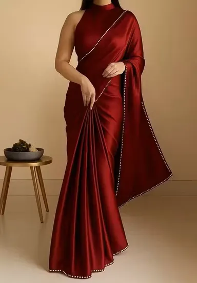 Women's Satin Silk Saree with Pearl Border | Designer Saree with Blouse | Party Wear Saree | Office Wear Saree | Festive Ethnic Saree| Daily Use Saree thumbnail 0