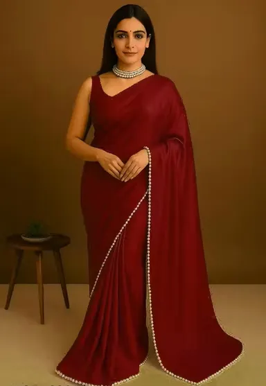 Women's Satin Silk Saree with Pearl Border | Designer Saree with Blouse | Party Wear Saree | Office Wear Saree | Festive Ethnic Saree| Daily Use Saree thumbnail 1