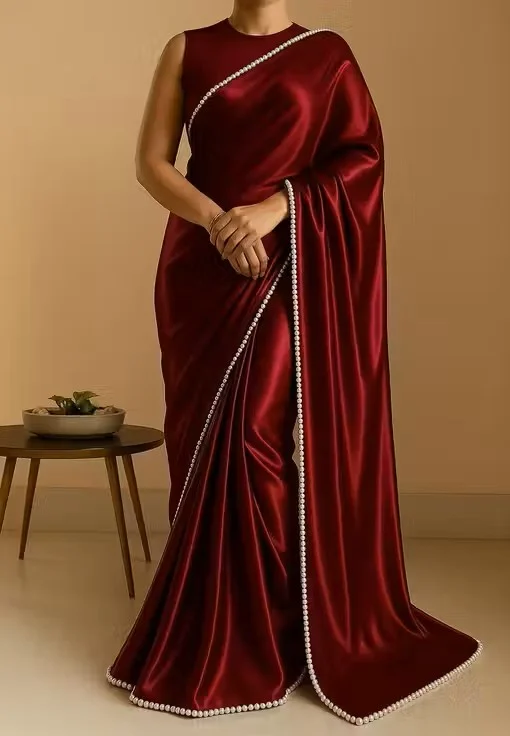 Women's Satin Silk Saree with Pearl Border | Designer Saree with Blouse | Party Wear Saree | Office Wear Saree | Festive Ethnic Saree| Daily Use Saree image 4