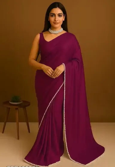 Women's Satin Silk Saree with Pearl Border | Party Wear  Office Wear | Festive & Daily Use Saree with Blouse | Elegant Purple Color Saree for All Occasions thumbnail 0