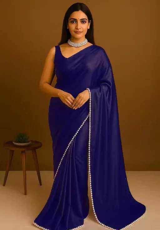 Women's Satin Silk Saree with Pearl Border | Navy Blue Saree with Blouse Piece | Festive Saree Party Wear Saree | Daily Wear Saree | Traditional Saree for Women | Elegant Pearl Work Saree | Designer Silk Saree | Office Wedding Gift Saree image 1