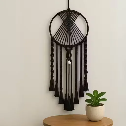 Black Macrame Dream Catcher Wall Hanging | Handmade Cotton Rope with Wooden Beads | Boho Bedroom & Home Decor | 38 x 12 Inches image 1