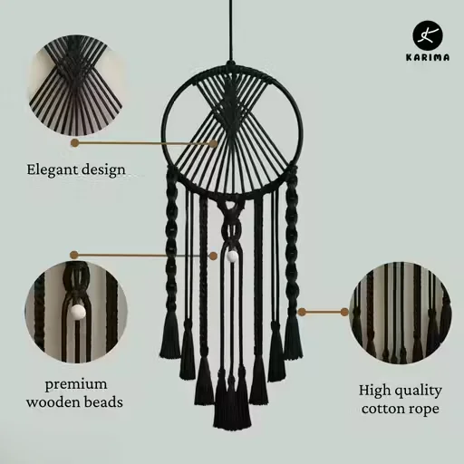 Black Macrame Dream Catcher Wall Hanging | Handmade Cotton Rope with Wooden Beads | Boho Bedroom & Home Decor | 38 x 12 Inches image 2