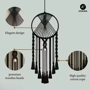 Black Macrame Dream Catcher Wall Hanging | Handmade Cotton Rope with Wooden Beads | Boho Bedroom & Home Decor | 38 x 12 Inches thumbnail 1