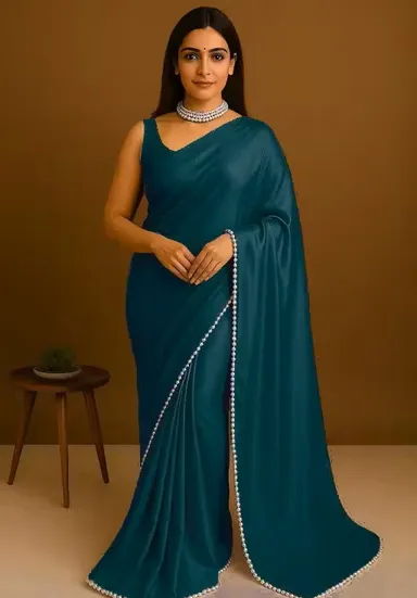 Dark Blue Satin Silk Saree with Pearl Border | Satin Silk Saree  | Party Saree  | Elegant Festive Saree thumbnail 0