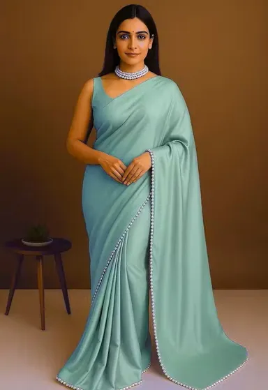 Women’s Satin Silk Saree with Pearl Border | Light Blue  Party Wear Saree | Festive Saree  Office Wear Saree | Daily Wear Saree thumbnail 0