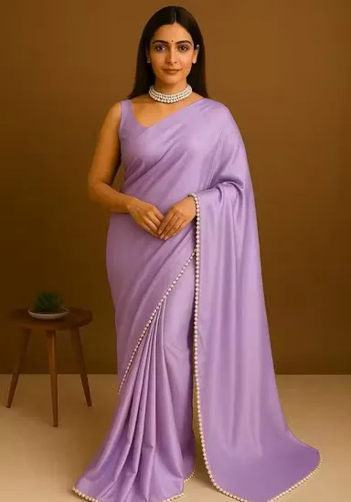 Women's Satin Silk Saree with Pearl Border | Lavender Saree with Blouse | Party Wear Saree for Festive | Office Daily Use thumbnail 0