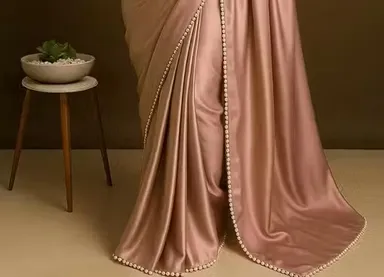 Women's Satin Silk Saree with Pearl Border | Peach Saree with Blouse | Elegant Indian Wedding Wear | Traditional Saree for Women thumbnail 3