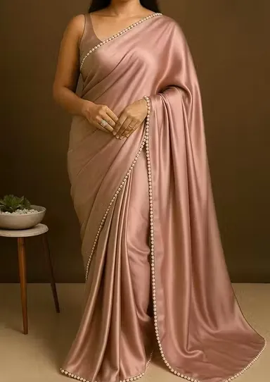 Women's Satin Silk Saree with Pearl Border | Peach Saree with Blouse | Elegant Indian Wedding Wear | Traditional Saree for Women thumbnail 2