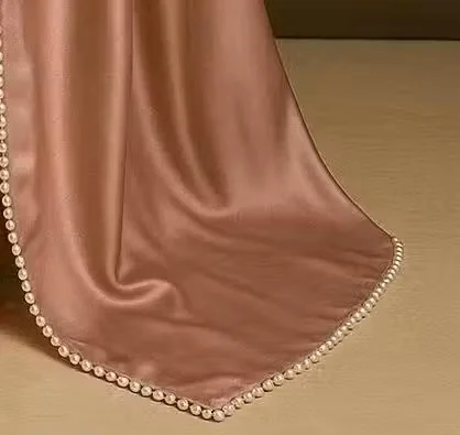 Women's Satin Silk Saree with Pearl Border | Peach Saree with Blouse | Elegant Indian Wedding Wear | Traditional Saree for Women image 2