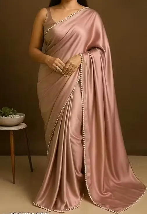 Women's Satin Silk Saree with Pearl Border | Peach Saree with Blouse | Elegant Indian Wedding Wear | Traditional Saree for Women image 1