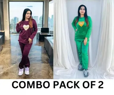 Women Velvet Winter Nightsuit Combo Set | Green Color | Extra Warm Pajama Sleepwear for Ladies | XL Size