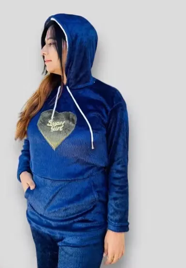 Women Winter Woolen Night Suit with Hoodie | Cozy Loungewear Set | M Size thumbnail 2