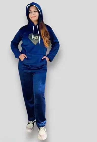 Blue Women Winter Woolen Night Suit with Hoodie | Cozy Loungewear Set | XL Size | Soft Wool Pyjamas for Winter | Warm Hoodie Set for Women