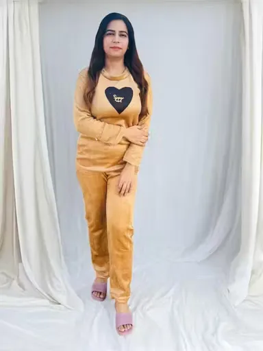 Women Winter Fur Woolen Night Suit | Gold | Top & Bottom Set | Cozy Warm Sleepwear | L Size thumbnail 0