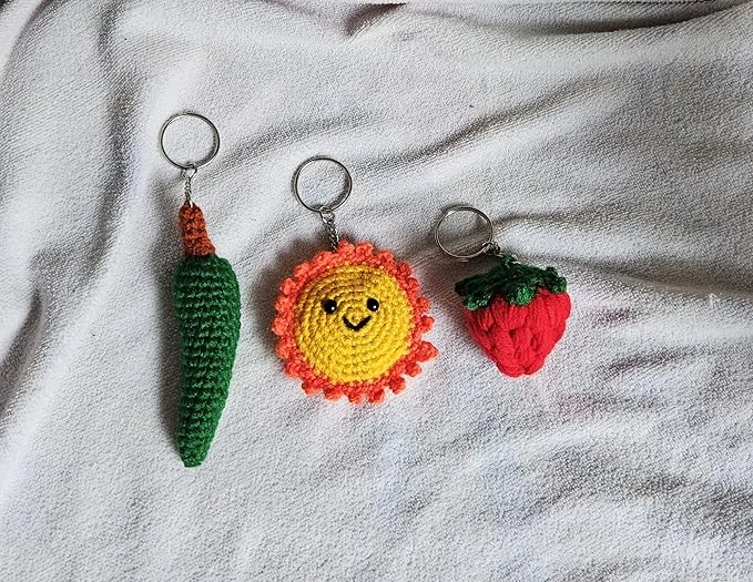 Handmade Crochet Key Chains | Strawberry and Flower or Green Chilli | Cute Crochet Key Rings for Girls| Key Rings for Bags and Gifting image 2