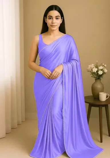 Women’s Satin Silk Saree with Pearl Border | Blue Satin Saree for Party Festive | Offic | Daily Wear | Saree with Blouse | Elegant Silk Saree thumbnail 0