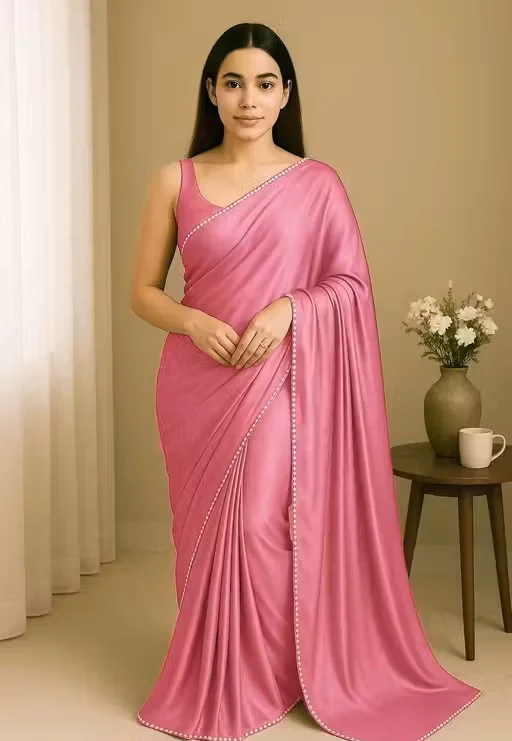 Women’s Satin Silk Saree with Pearl Border | Pink Satin Silk Saree | Elegant Saree for Party | Festive & Office Wear image 1