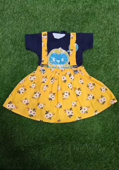 Girls Yellow Floral Print T-Shirt & Suspender Skirt Set | Cotton Blend Party Dress for Babies 6-9 Months thumbnail 0