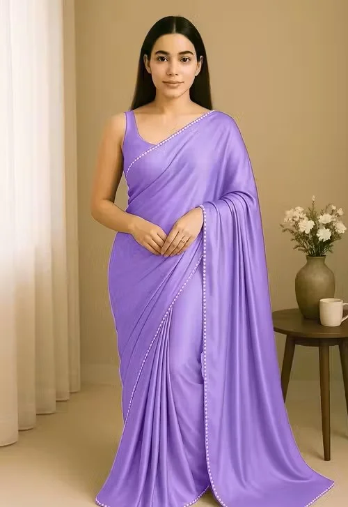 Women's Satin Silk Saree with Pearl Border | Lavender Saree for Party | Office & Daily Wear | Saree with Blouse Piece image 1